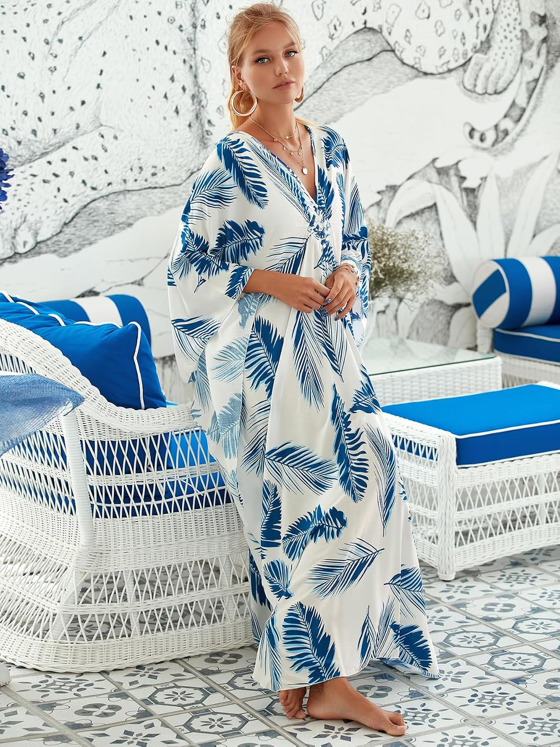 Women Animal Print Kaftan Dresses plus Size Swimsuit Coverup Summer Bathing Suit Caftan Loungewear Beach Dress