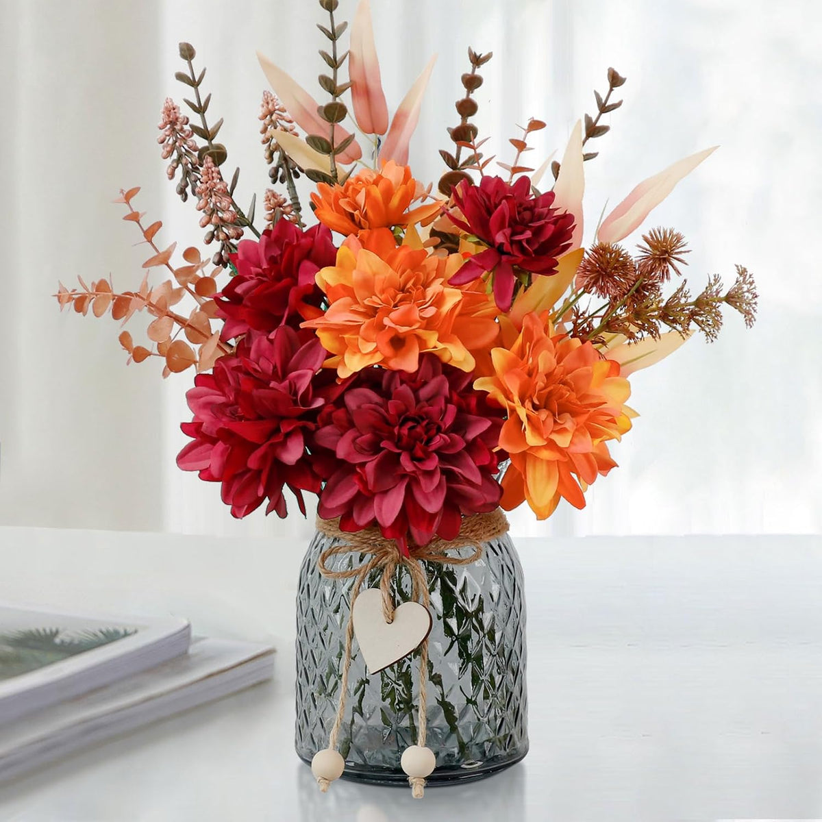 Fake Fall Flowers in Vase,Faux Flowers in Vase,Fall Floral Arrangement,Fall Centerpieces for Tables,Artificial Flowers,Kitchen Decor,Coffee Table Decor