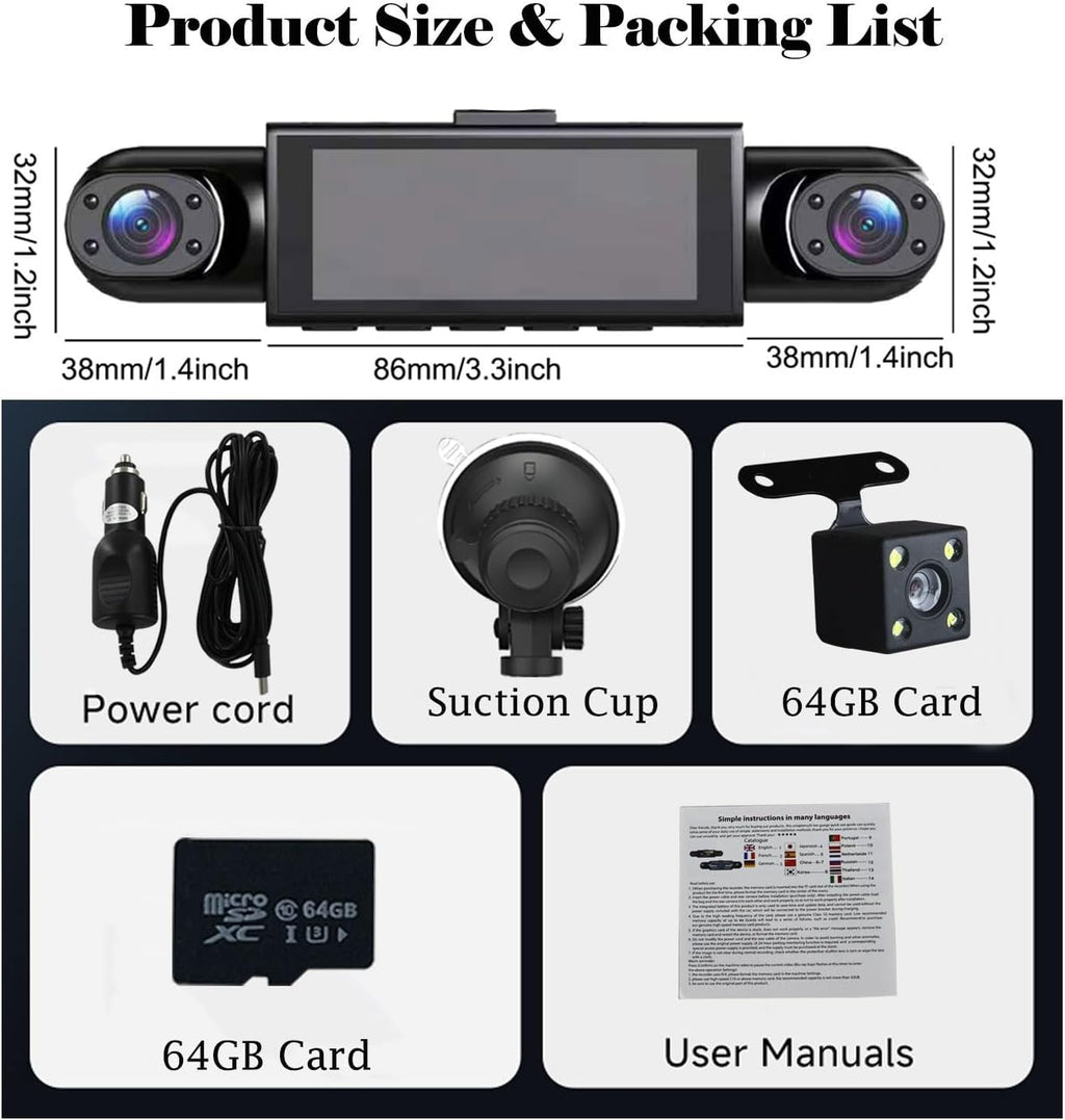 360° Full View Dash Cam Front and Rear Inside, 4 Channel Dashcam 1080P Full HD Dash Camera for Cars with Infrared Lamps Night Vision G-Sensor, Parking Mode, 64GB SD Card Car Accessories