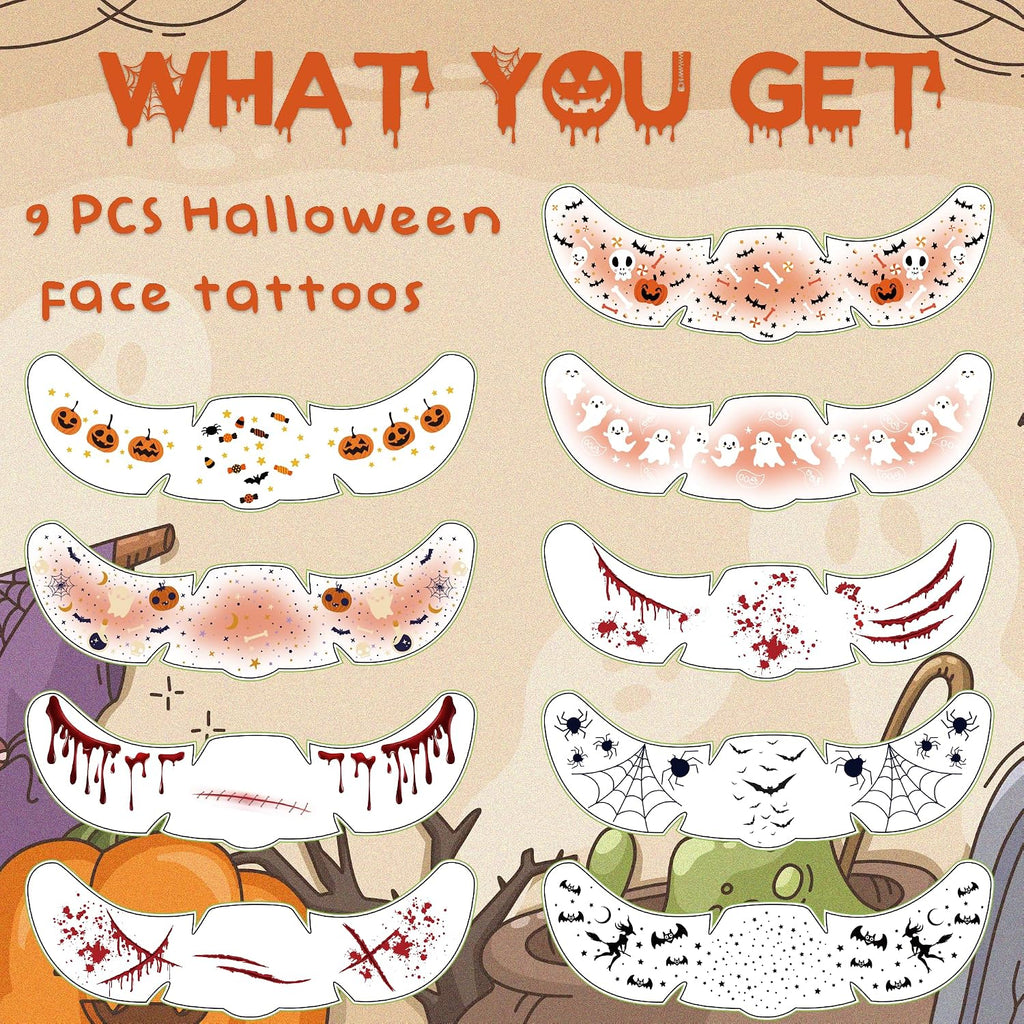 Halloween Party Favors - 9 Pack Black Bat Freckles Face Tattoos | Halloween Games Gifts Crafts Treats for Kids - Halloween Makeup Costumes Accessories Party Decorations Supplies for Women Adult 2026