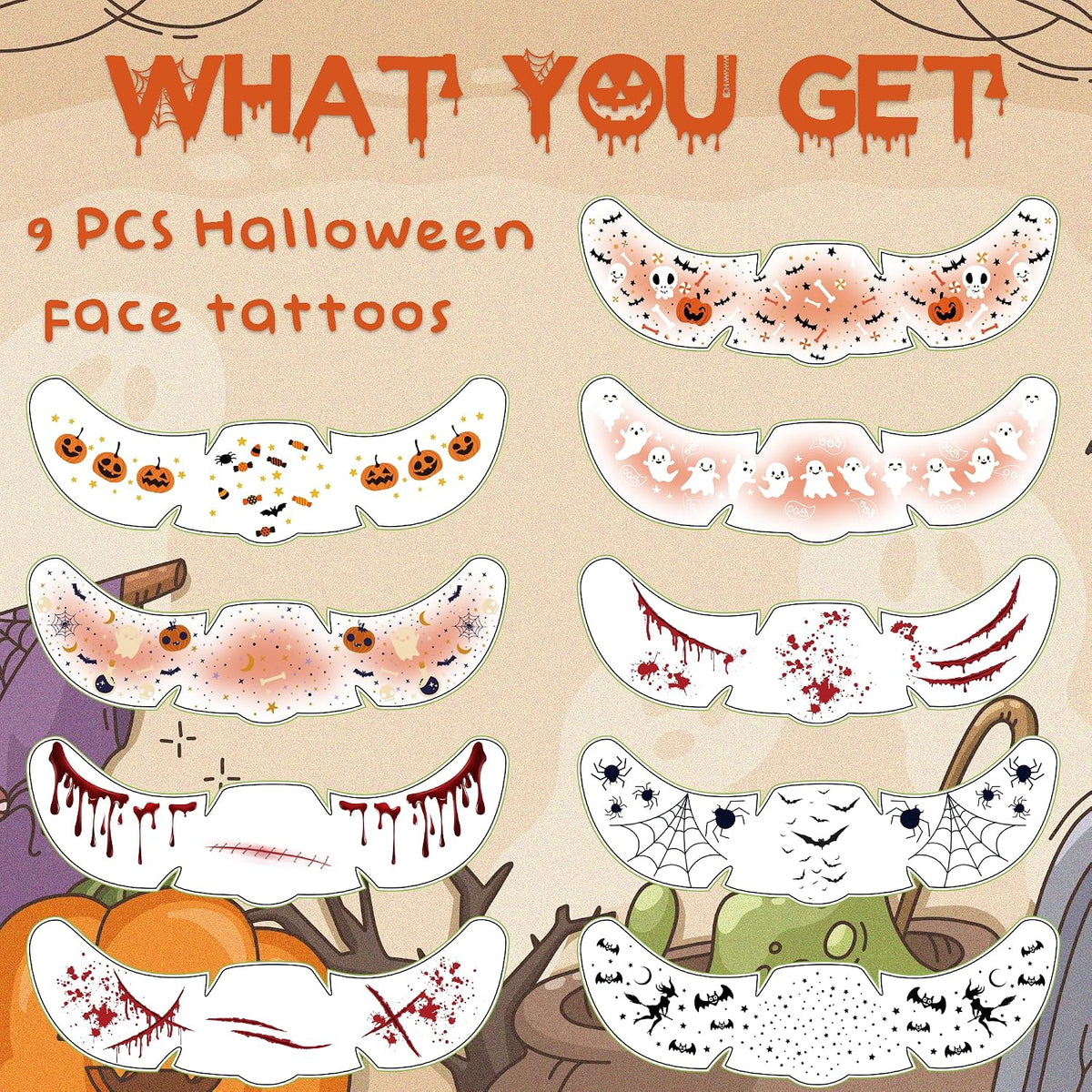 Halloween Party Favors - 9 Pack Black Bat Freckles Face Tattoos | Halloween Games Gifts Crafts Treats for Kids - Halloween Makeup Costumes Accessories Party Decorations Supplies for Women Adult 2026