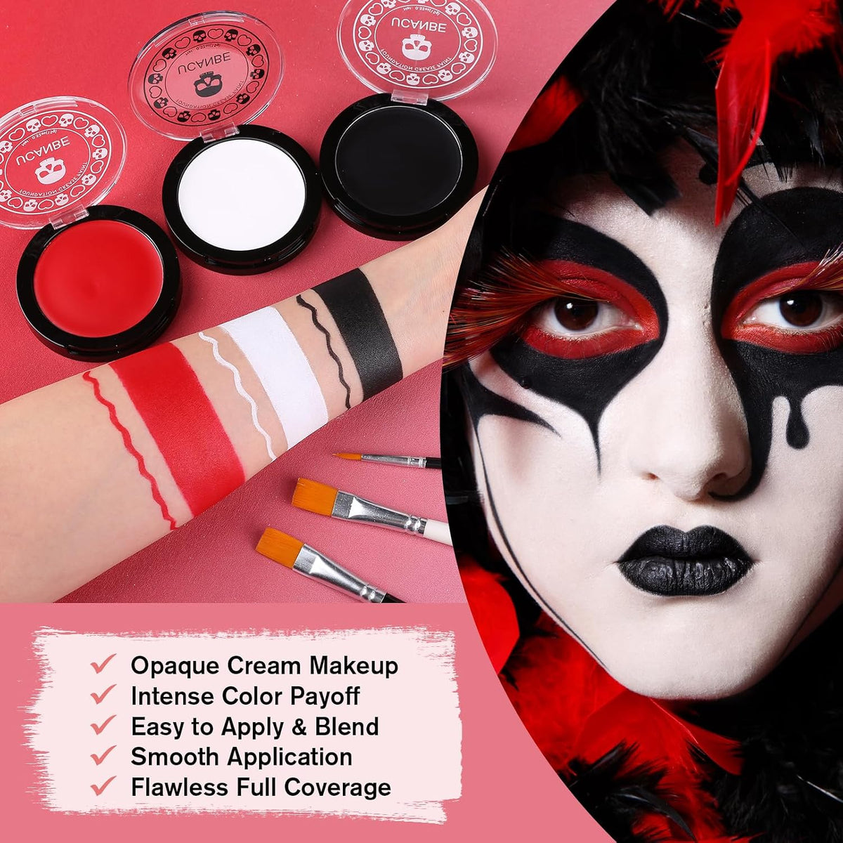 Goth White Foundation + Black Red Face Body Paint for Halloween Makeup, Face Painting Kit with Brushes Facepaint Set for Adults Clown Vampire Skull SFX Make up Costume Cosplay Party Theater Stage