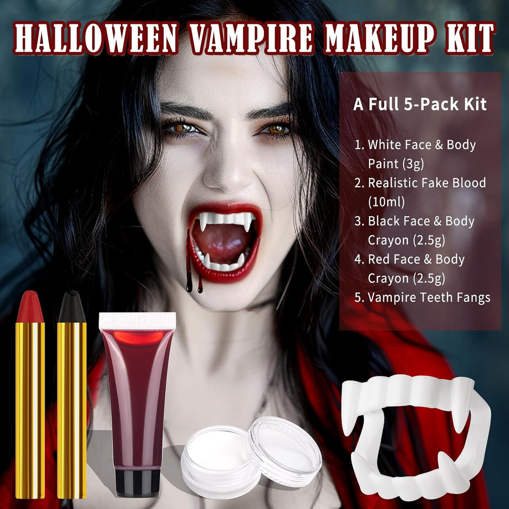 Halloween Vampire Makeup Kit with White Face & Body Paint, Fake Blood, Black and Red Face Paint Crayon and Fake Teeth SFX Makeup Set for Zombie Wounds Clown Cosplay Special Effects Makeup