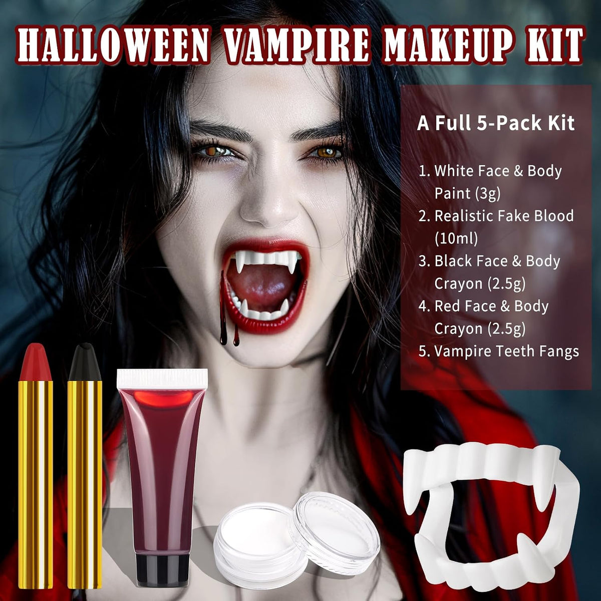 Halloween Vampire Makeup Kit with White Face & Body Paint, Fake Blood, Black and Red Face Paint Crayon and Fake Teeth SFX Makeup Set for Zombie Wounds Clown Cosplay Special Effects Makeup