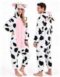 Adult Unisex Cow Costume,Plush Hooded Animal Jumpsuit Pajama for Halloween Party Cosplay and Themed Dress Up