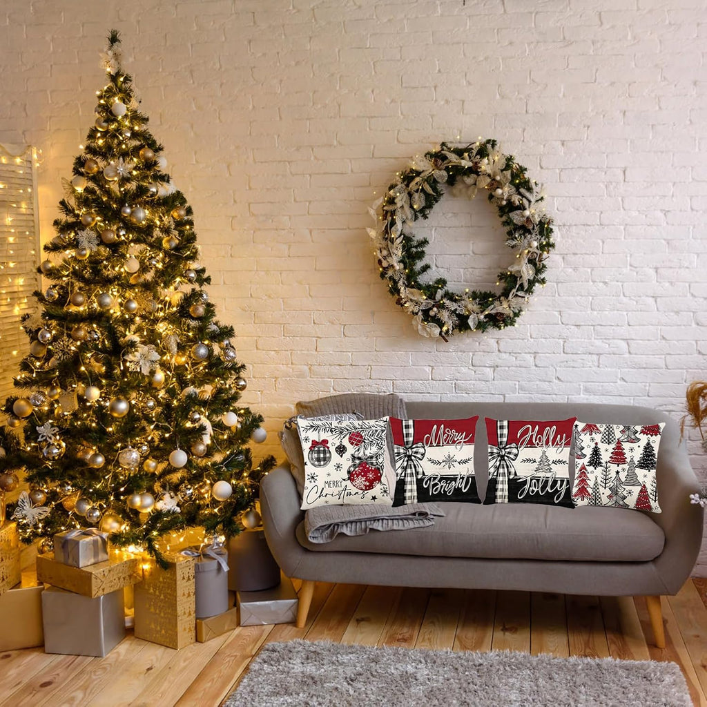 Christmas Decorations - Merry Christmas Trees Red Throw Pillow Covers 18X18 Set of 4,Winter Holiday Decor Throw Cushion Case for Home Couch