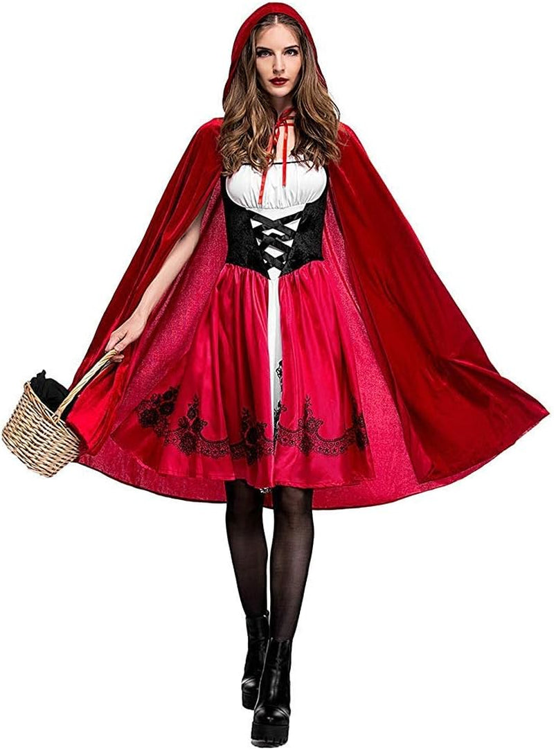 Women Little Red Riding Hood Costume Christmas Halloween Party Dress with Cape