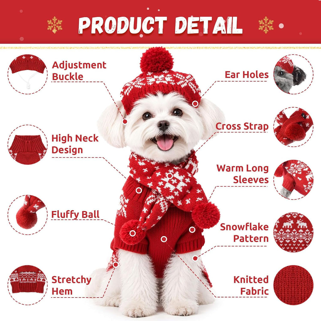 Small Dog Christmas Outfits 3 PCS Set Puppy Xmas Sweater Hat Scarf,S