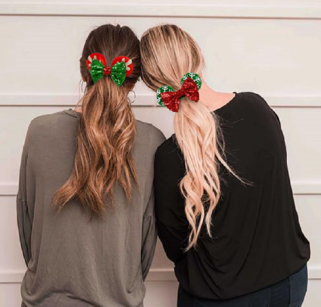 Red Christmas Scrunchies with Bow and Sequins, Velvet Mouse Ear Hair Ties for Women and Girls, Festive Holiday Ponytail Accessories and Party Favors