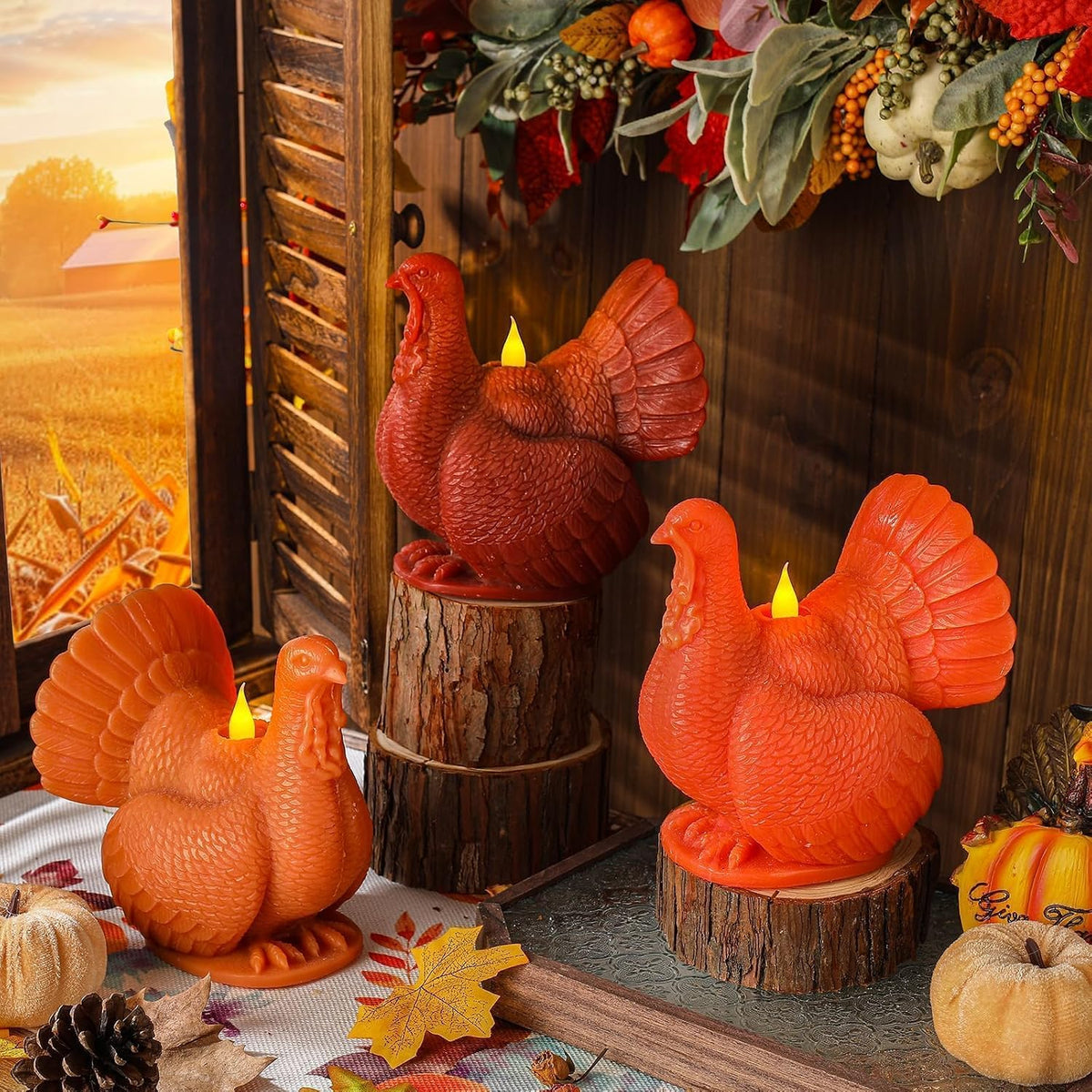 Set of 3 Turkey Flameless LED Candles Remote Thanksgiving Decor