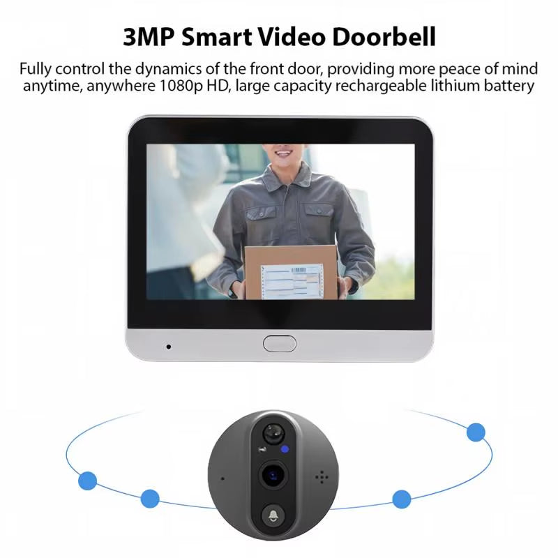 Tuya Smart Life Wifi Peephole Door Camera 3MP 1080P Digital Viewer with 5000Mah Battery PIR Motion Detection IR Night Vision For