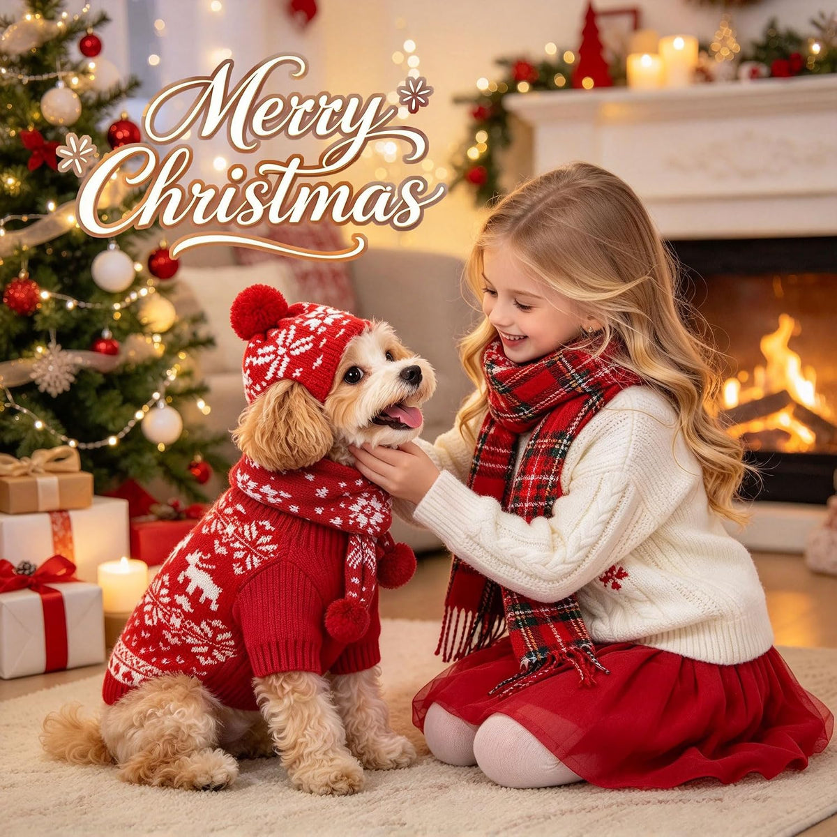 Small Dog Christmas Outfits 3 PCS Set Puppy Xmas Sweater Hat Scarf,S
