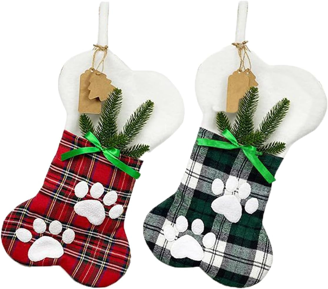 Cat Bone Christmas Stockings, Plush & Plaid Hanging Socks for Holiday and Christmas Decorations