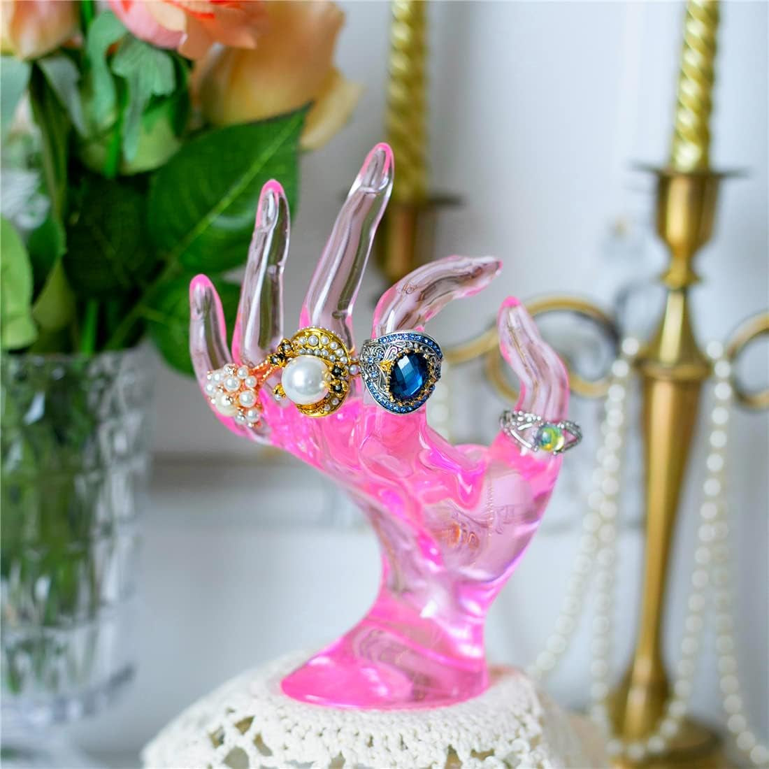 Ring Holder, Pink Room Decor, Hand Jewelry Display Holder, Danish Pastel Room Decor, Preppy Decor, Mannequin Hand, Polyresin, 7 Inch (Pink)