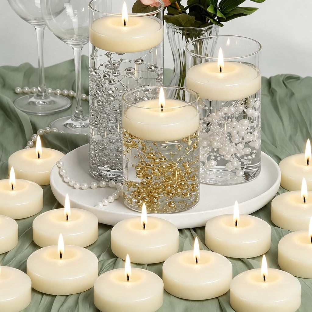Ivory Floating Candles 3-Inch - 12 Pack Water Floating Candle Long Burning Candle Set Unscented Candles Floating for Centerpieces Wedding Dinner Thanksgiving Party Home Decor