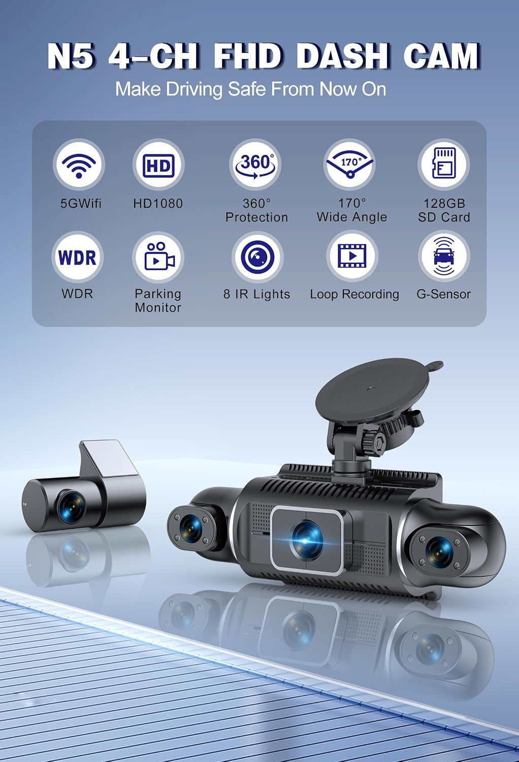 4 Channel Full HD Dash Cam, 2K Front + 1080P Side/Rear Cameras, 128GB Card