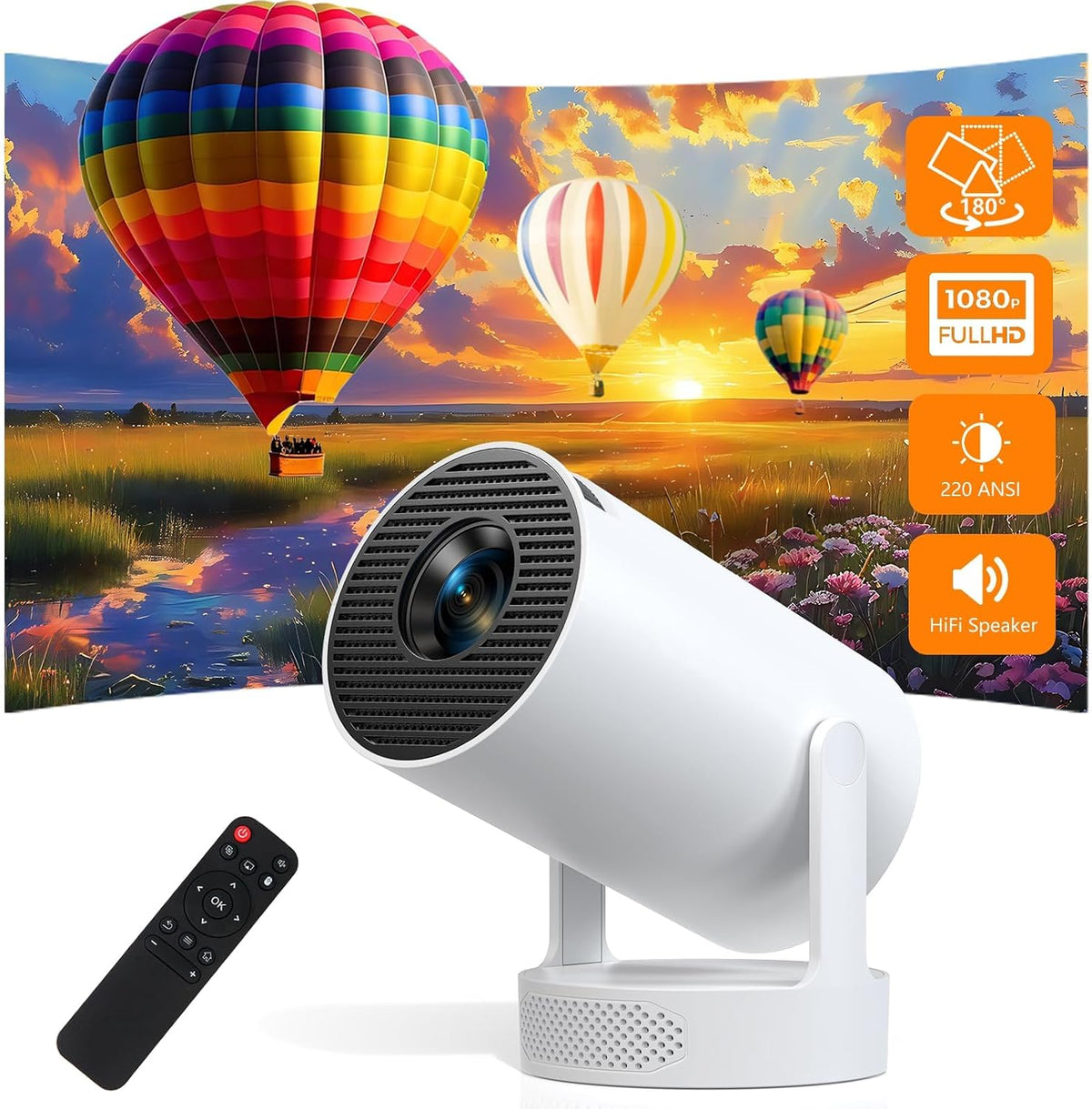 Smart Mini Projector with Wifi 6 and Bluetooth 5.0, Support 4K 1080P, Built-In Apps & 180° Rotation, Auto Vertical Keystone, Portable Movie Projector for Bedroom Home Outdoor, Ivory