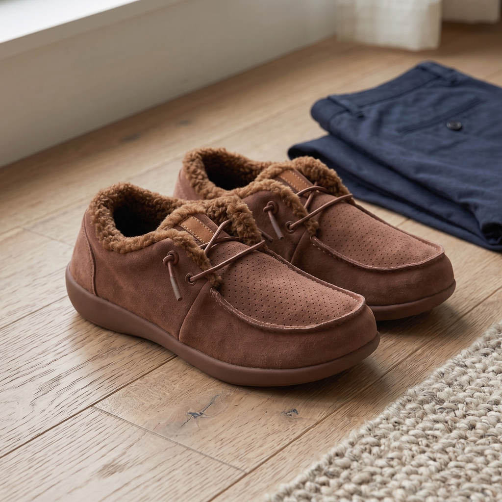 Men's Cozy Faux-Fur Lined Suede Moccasin Slippers - Size 8.5