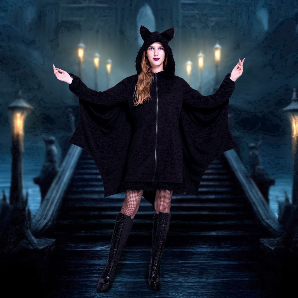 Women‘S Black Bat Costume with Attached Ears for Halloween Party Cosplay and Themed Dress Up