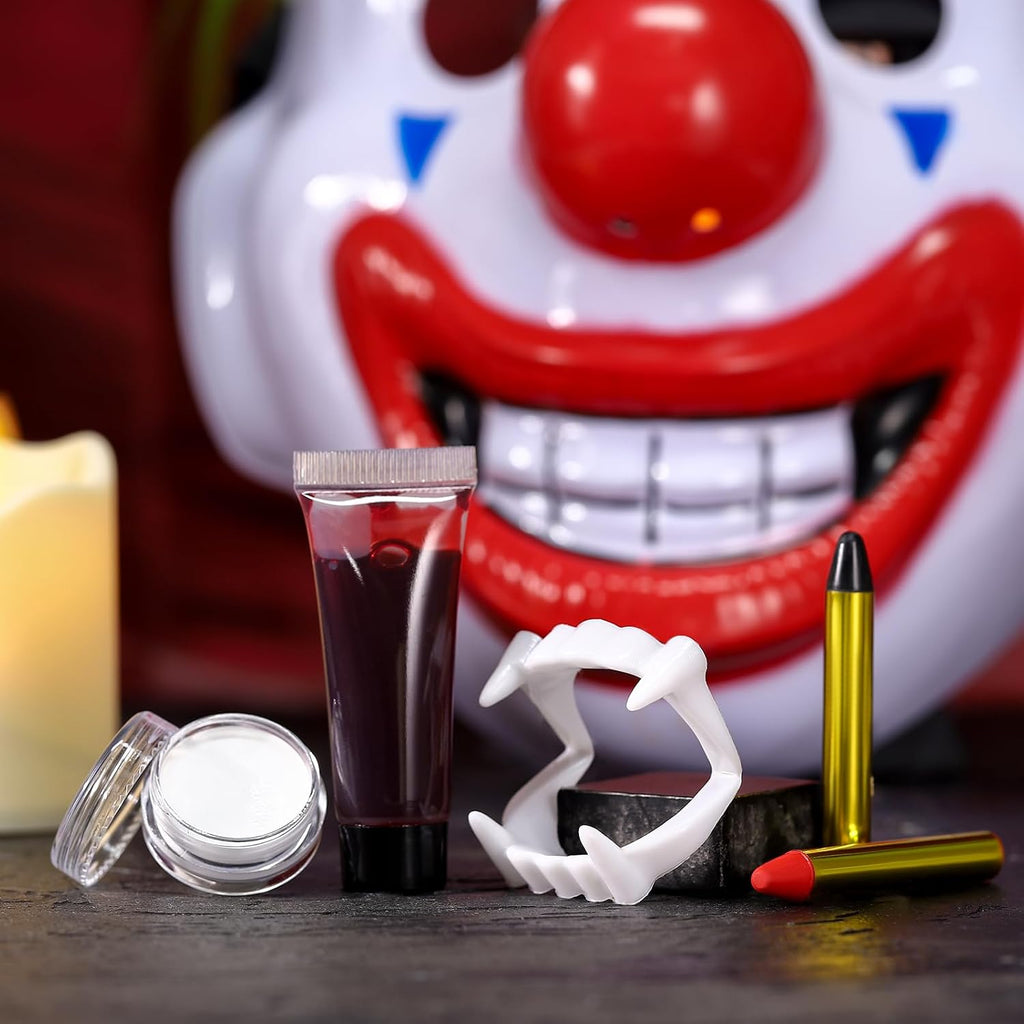 Halloween Vampire Makeup Kit with White Face & Body Paint, Fake Blood, Black and Red Face Paint Crayon and Fake Teeth SFX Makeup Set for Zombie Wounds Clown Cosplay Special Effects Makeup