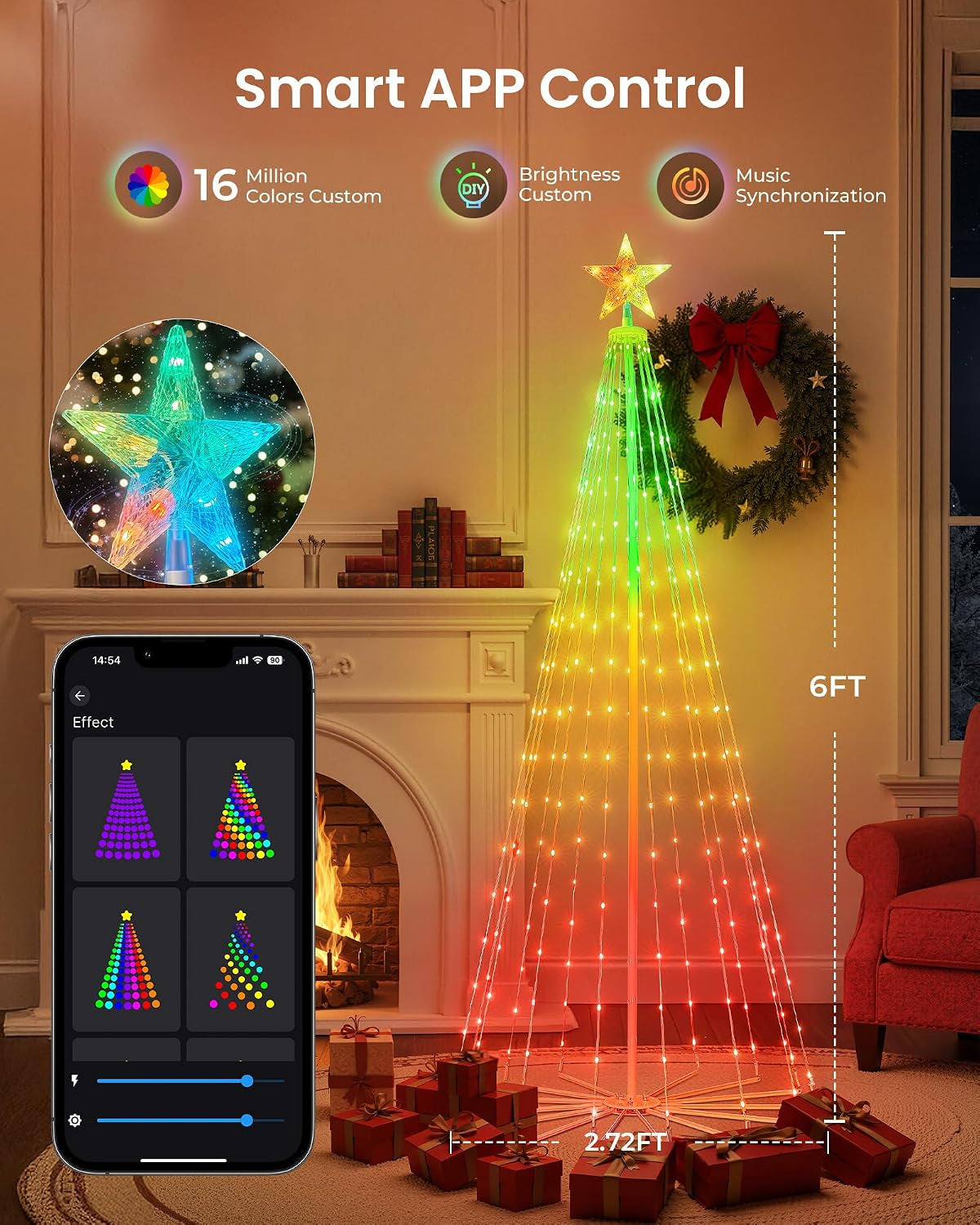 Smart Christmas Cone Tree LED Light, 6Ft 265LED Music Sync with APP Control