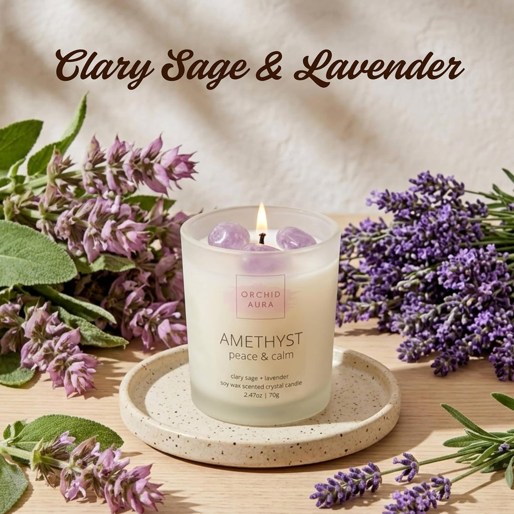 Soy Candles with Healing Crystals. Citrine, Rose Quartz, Amethyst Crystal.