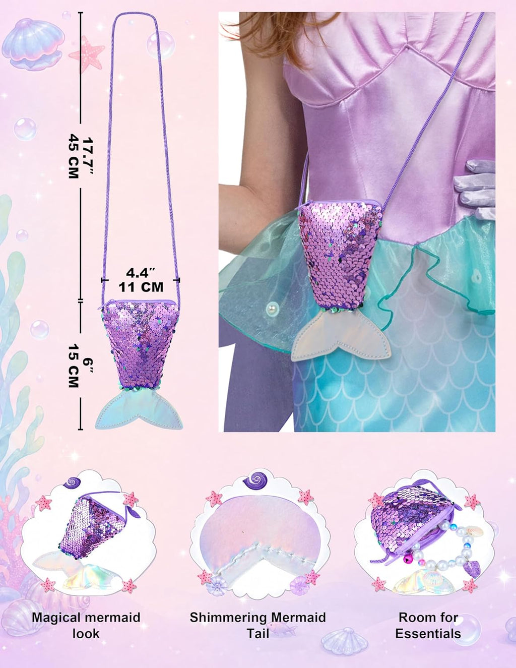 Halloween Little Mermaid Costume with Mermaid Tail for Princess Girls 4-6 for Cosplay, Birthday Outfit