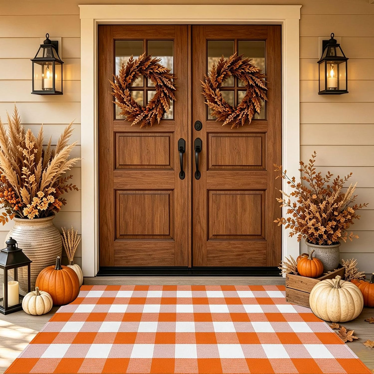 Buffalo Plaid Outdoor Rugs, 3'X5' Orange and White Checkered Indoor/Outdoor Area Rug, Layering Rug for Hello/Welcome Door Mat, Washable Cotton Woven Farmhouse Mat for Fall Front Porch Décor