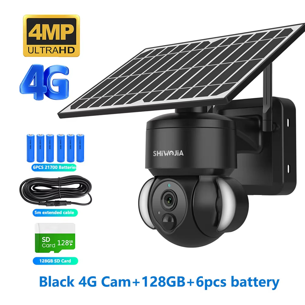 SHIWOJIA 4MP WIFI Solar Camera 4G Sim Card PIR Human Detection Solar Battery Security Camera CCTV Video Surveillance Outdoor Cam