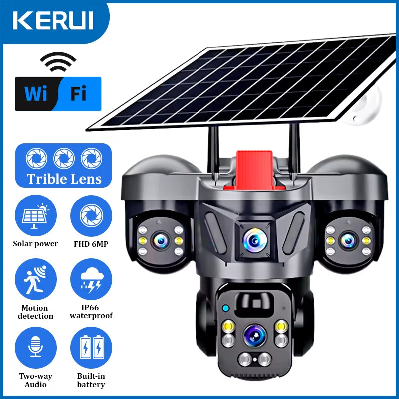 KERUI V380 Pro Outdoor PTZ 6MP WIFI 4G Solar Camera Home Security Triple Lens Camera Solar Panel CCTV Video Surveillance