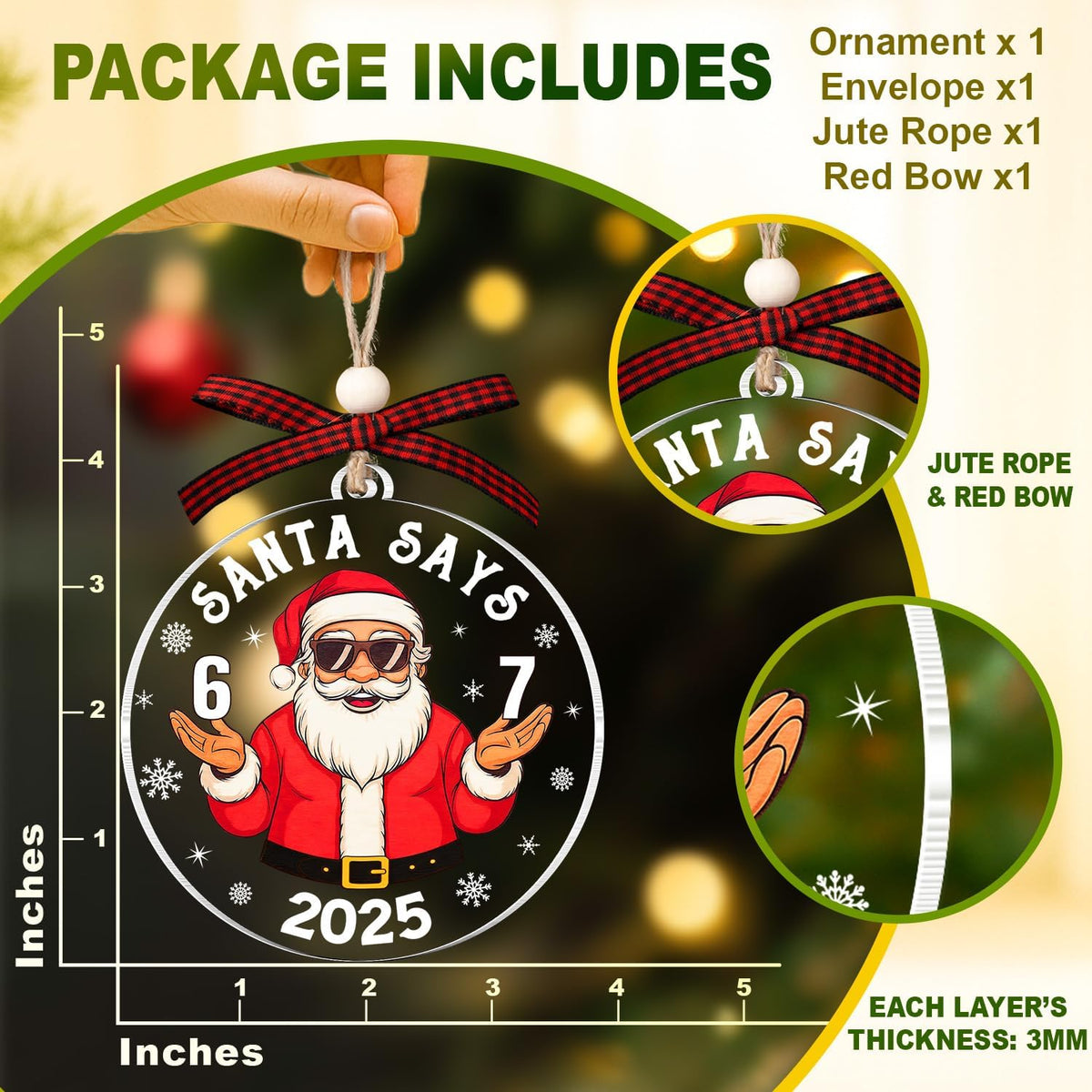 67 Christmas Ornament - Santa Says Six Seven Ornaments for Christmas Tree - 6 7 Trendy Funny Christmas Ornaments for Teens, Kids, Girls, Boys - White Elephant Gifts Acrylic Decoration 2025