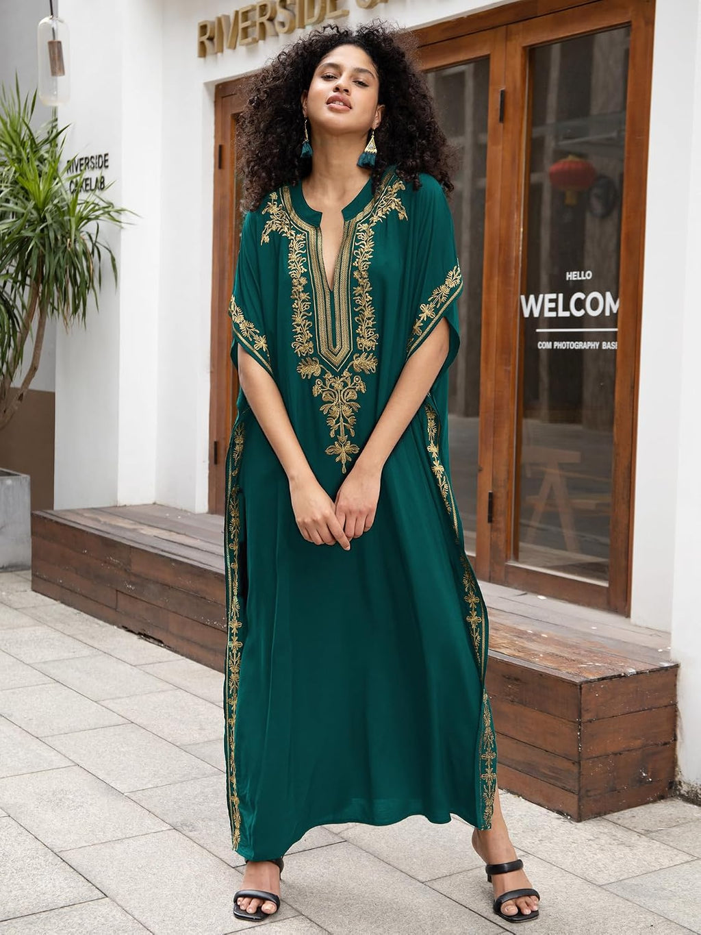 Kaftan Dresses for Women Embroidered Short Sleeve V-Neck plus Size Caftan Bikini Swimsuit Cover-Up Long Beach Dress
