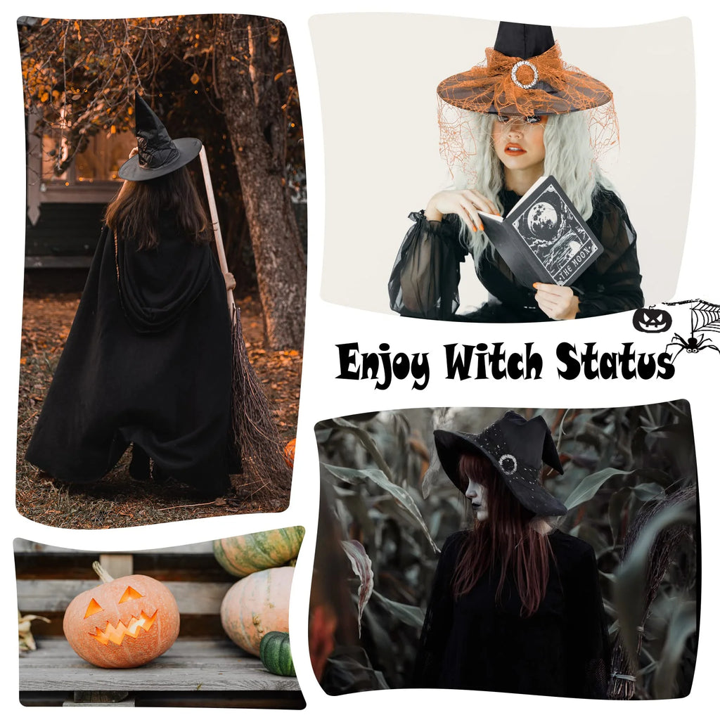 Adults Gothic Witch Hat with Veil and Lace, Foldable Wide Brim Pointed Wizard Hat
