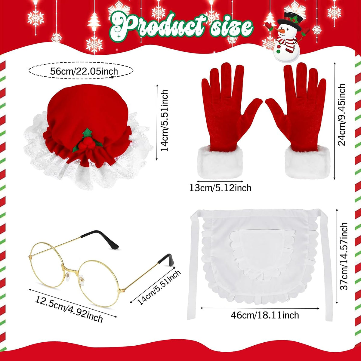 Mrs Claus Costume Adult Women, Christmas Santa Hat Xmas Hat, Red Gloves Santas Gloves, Christmas Apron Mrs Claus Apron, Santas Glasses for Outfit Santa Suit Xmas Costume Women 4Pcs