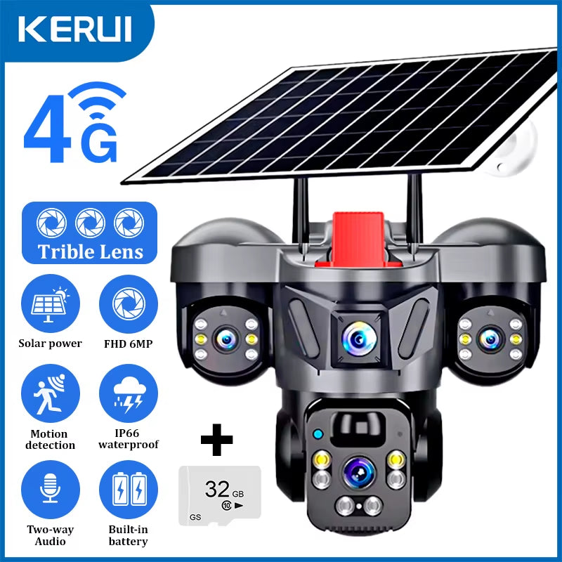 KERUI V380 Pro Outdoor PTZ 6MP WIFI 4G Solar Camera Home Security Triple Lens Camera Solar Panel CCTV Video Surveillance