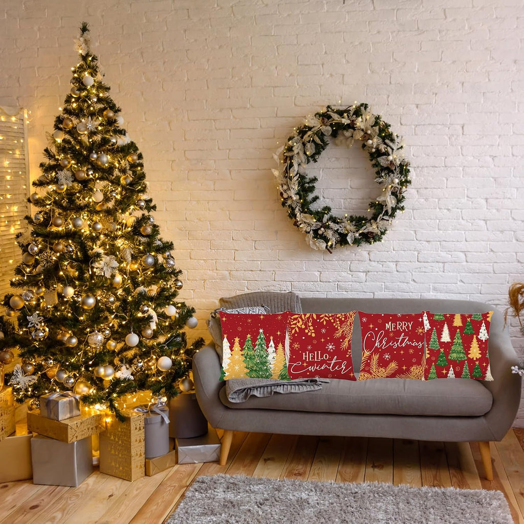 Christmas Decorations - Christmas Pillow Covers 18 X 18 Inches Set of 4,Xmas Tree Throw Pillow Cases Winter Holiday Decor for Sofa Living Room