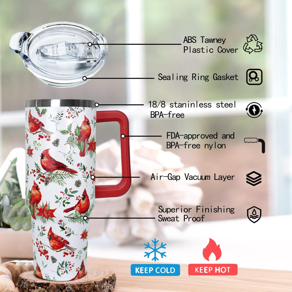 40 Oz Red Cardinal Tumbler with Handle,Christmas Coffee Travel Mug Cup, Red Cardinal Decor, Christmas Gifts for Women