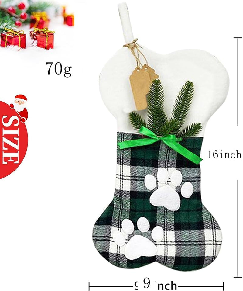 Cat Bone Christmas Stockings, Plush & Plaid Hanging Socks for Holiday and Christmas Decorations