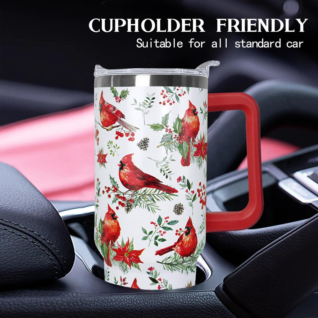 40 Oz Red Cardinal Tumbler with Handle,Christmas Coffee Travel Mug Cup, Red Cardinal Decor, Christmas Gifts for Women