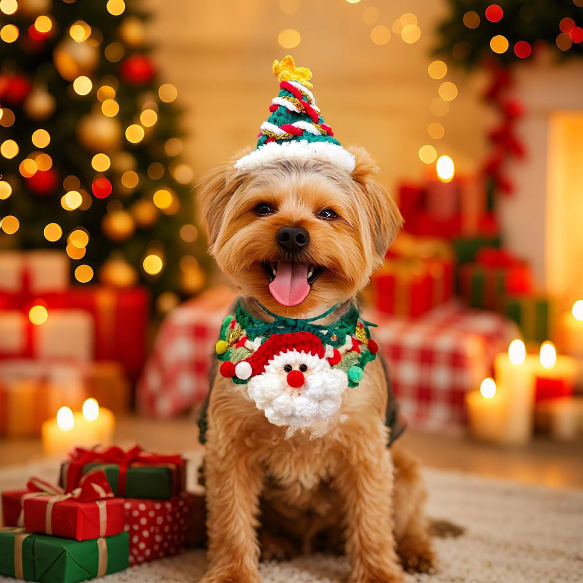 Pet Dog Christmas Costume for Small Dogs Cats, Funny Knitted Santa Dog Hat and Neck Accessory Set, Soft Cute Kitten Puppy Chihuahua Yorkie Costumes for Christmas Cat Outfits