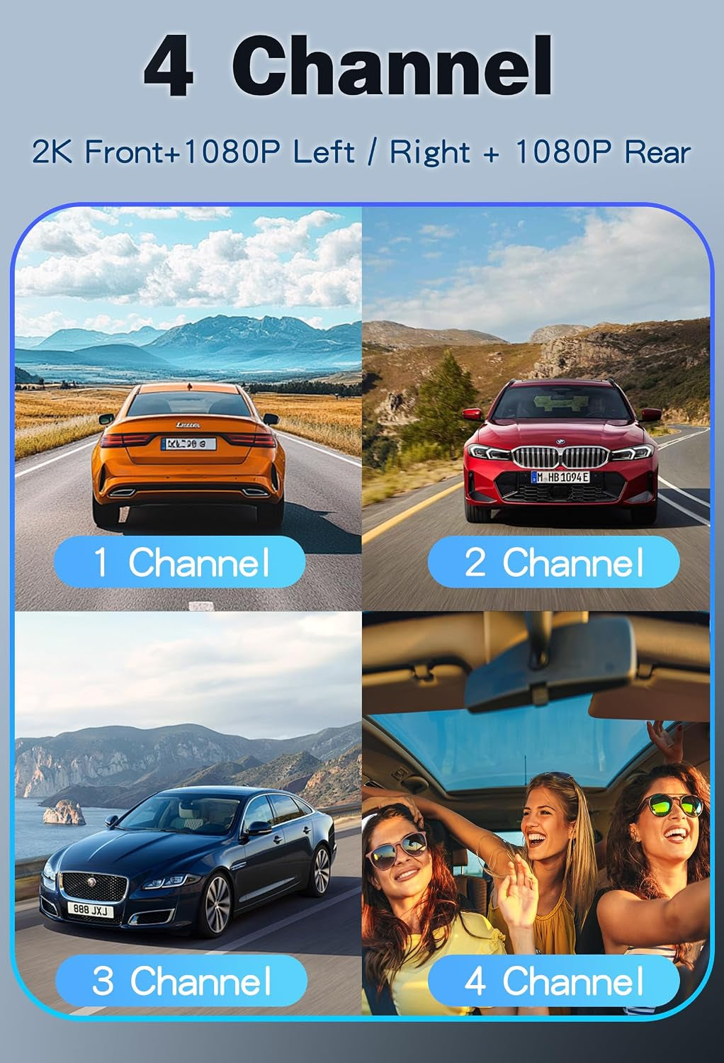 4 Channel Full HD Dash Cam, 2K Front + 1080P Side/Rear Cameras, 128GB Card