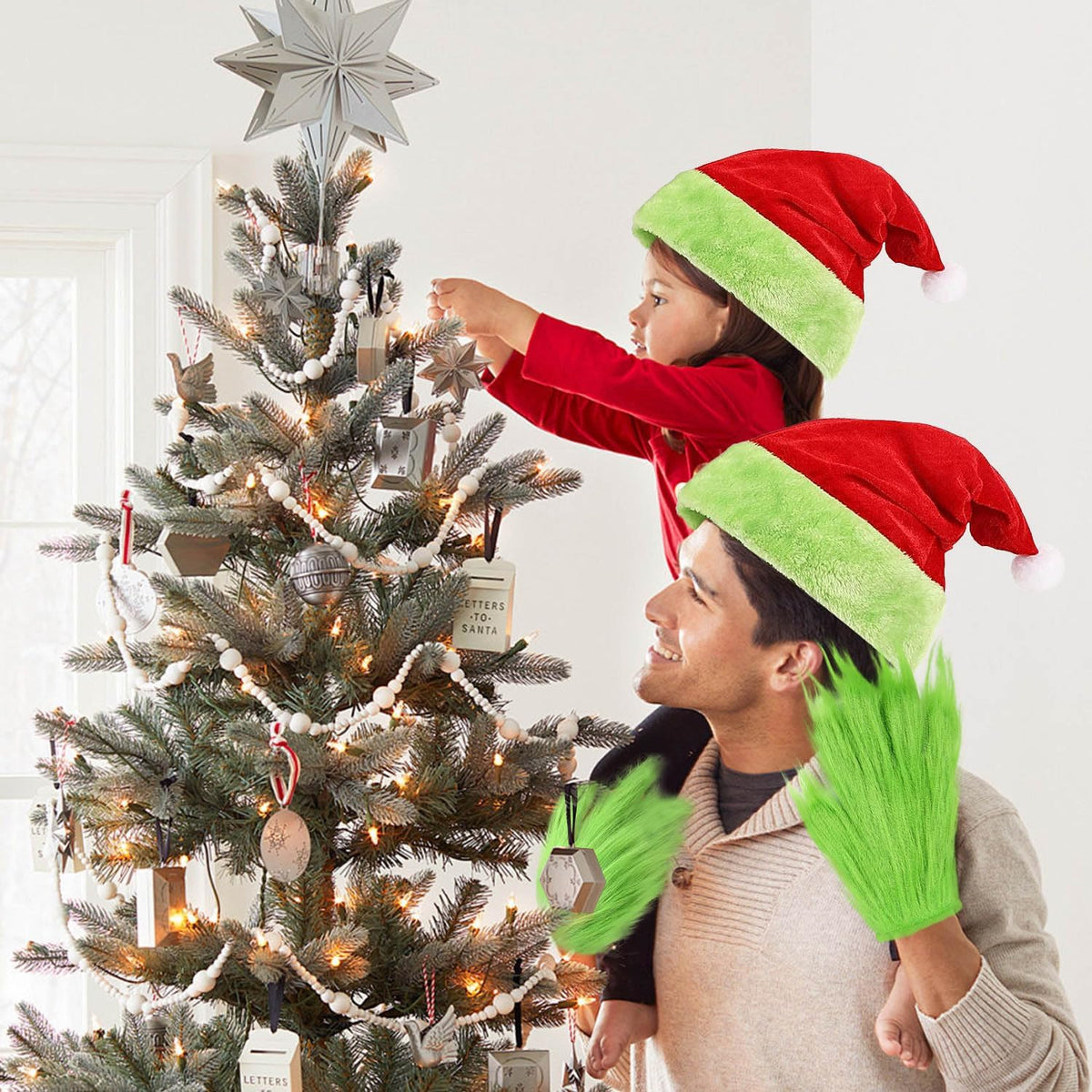 Beard Santa Hat with Furry Gloves for Adult, Christmas Costume Accessories Set for Men Women, Santa Costume Cosplay