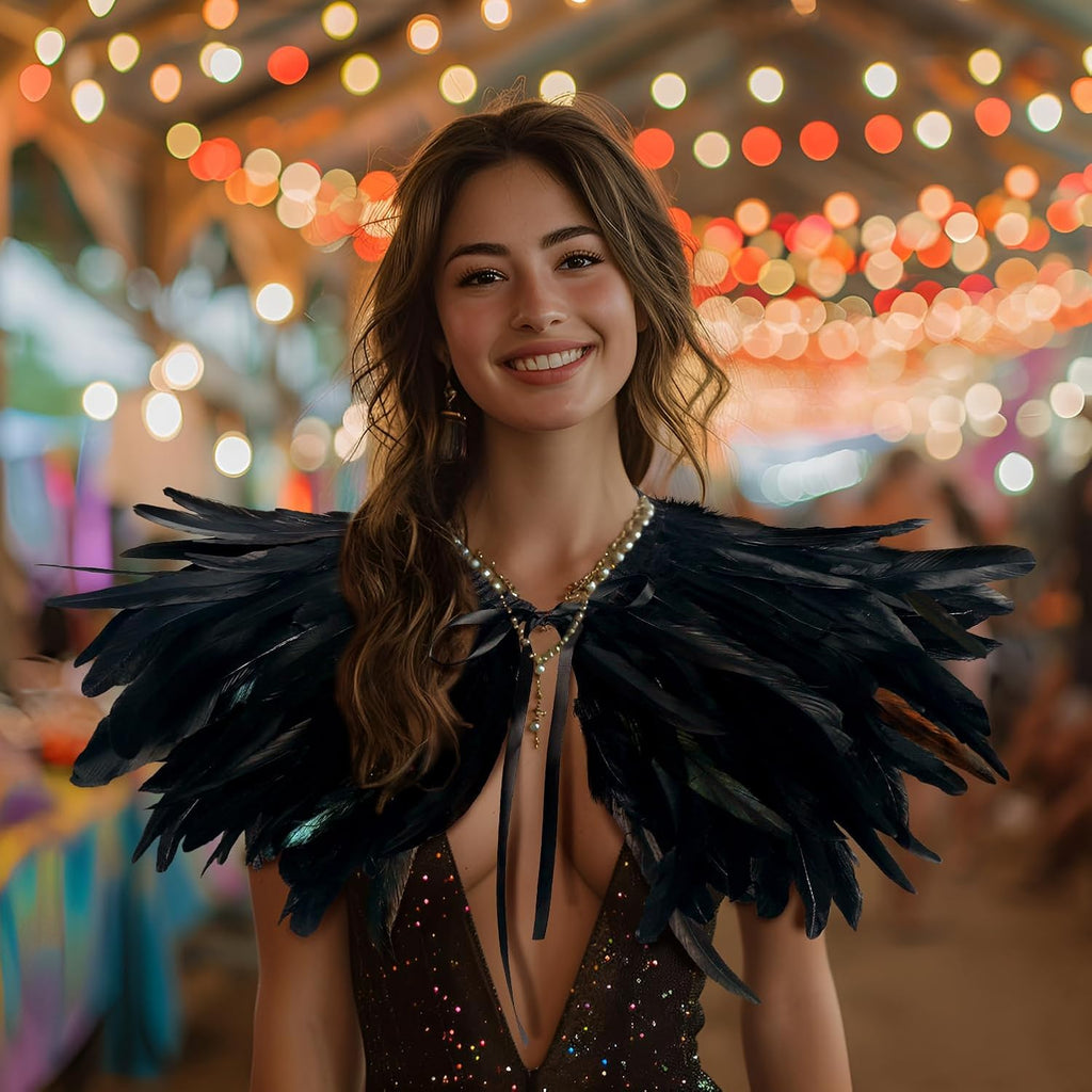 Black Witch Feather Collar Crow Shawl Costume Halloween Swan Wings Accessories Cape for Women
