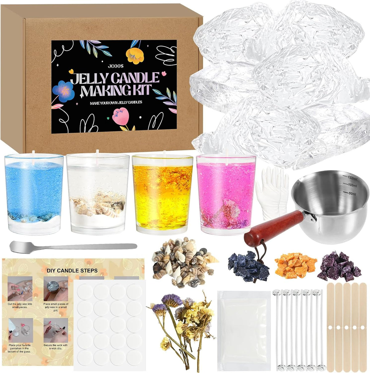 Jelly Candle Making Kit, DIY Candle Making Kit for Adults, 1.5 Lb Gel Wax for Candle Making, DIY Jelly Wax Melts, Candle Wick, Dried Flowers, Conch, Sand, Dye, Crafting Valentine'S Day Gift