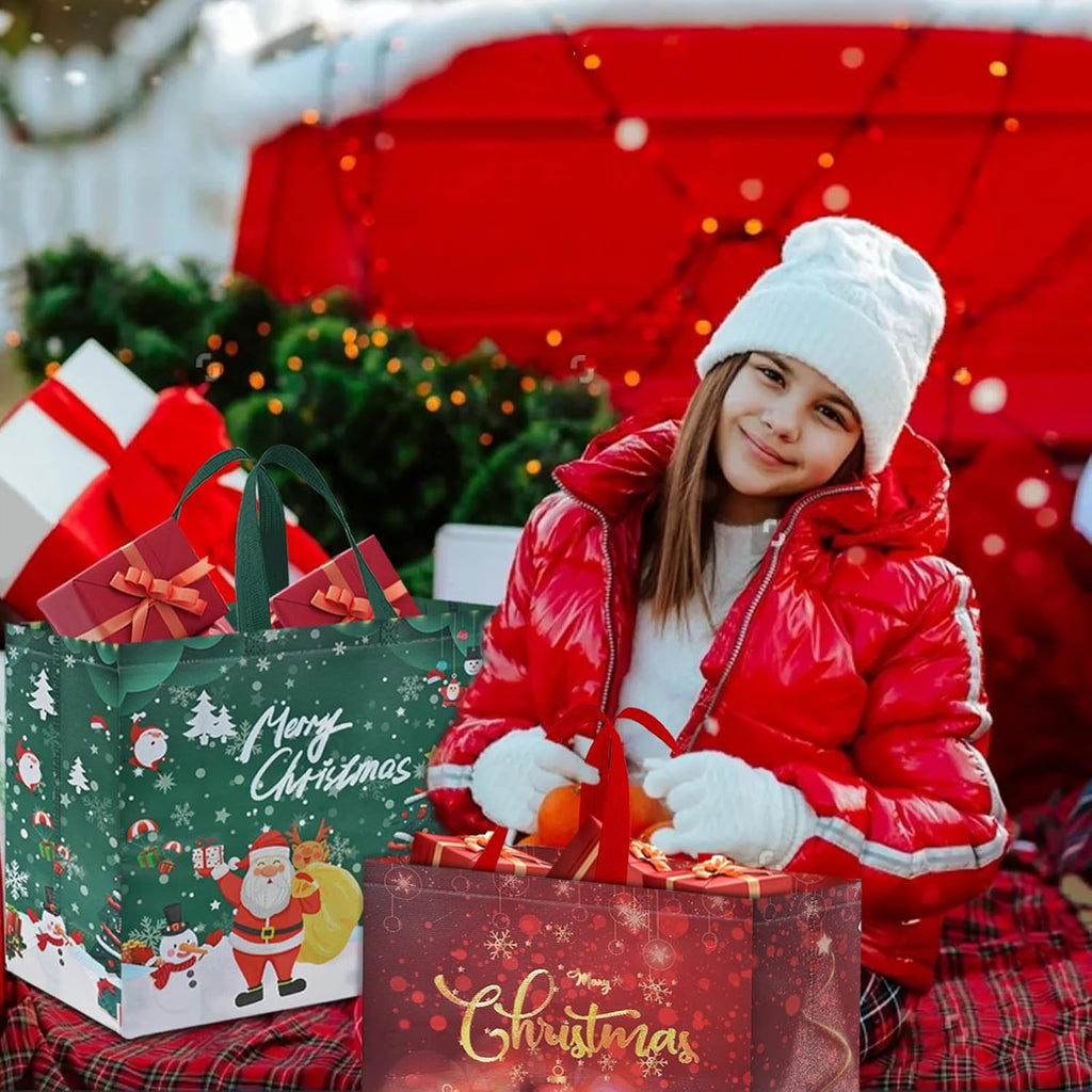 12PCS Extra Large Christmas Gift Bags, 15.7'' X 14.2''X 5.9'', Christmas Tote Bags with Handles, Reusable Non-Woven Shopping Bag for Xmas'S Party Supplies New Year Decorations