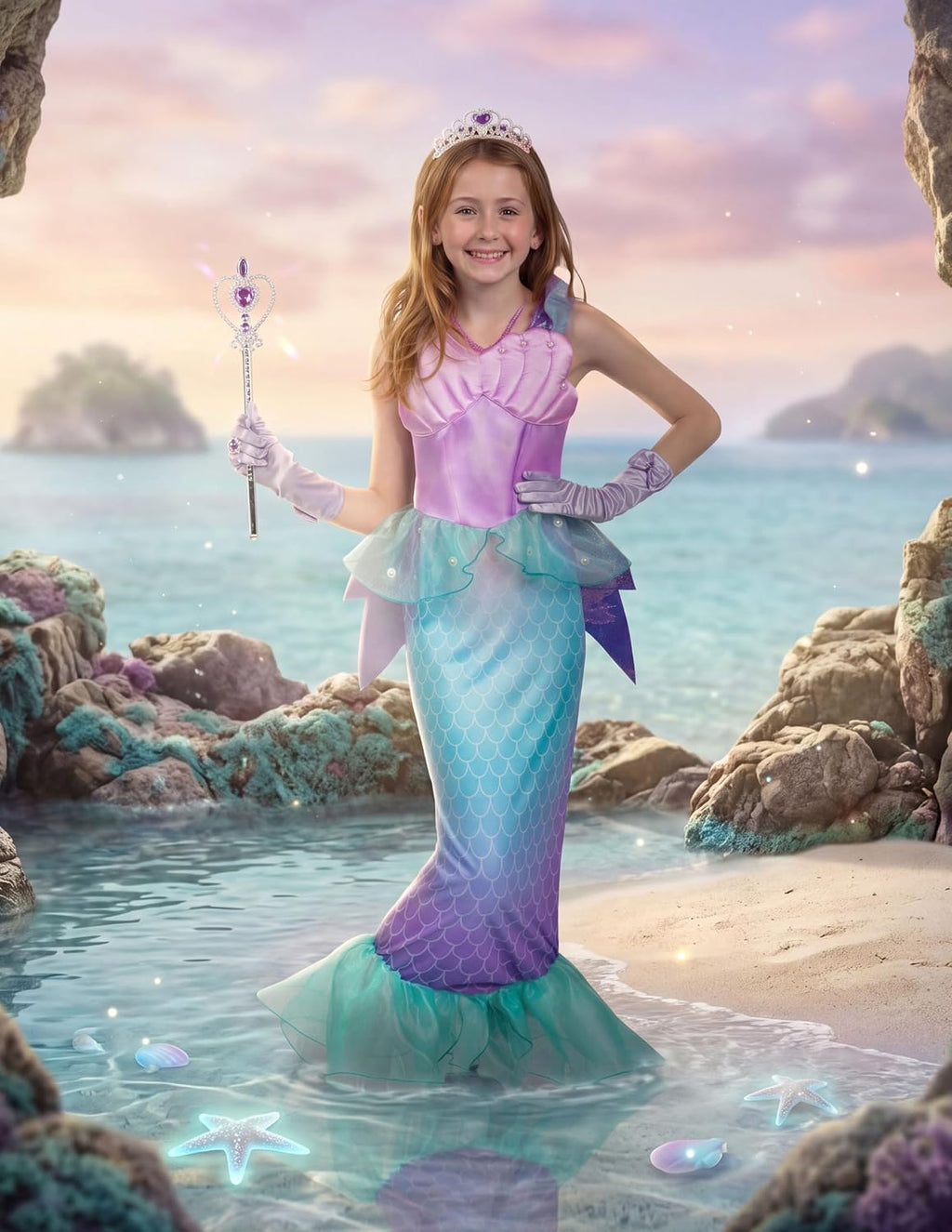 Halloween Little Mermaid Costume with Mermaid Tail for Princess Girls 4-6 for Cosplay, Birthday Outfit