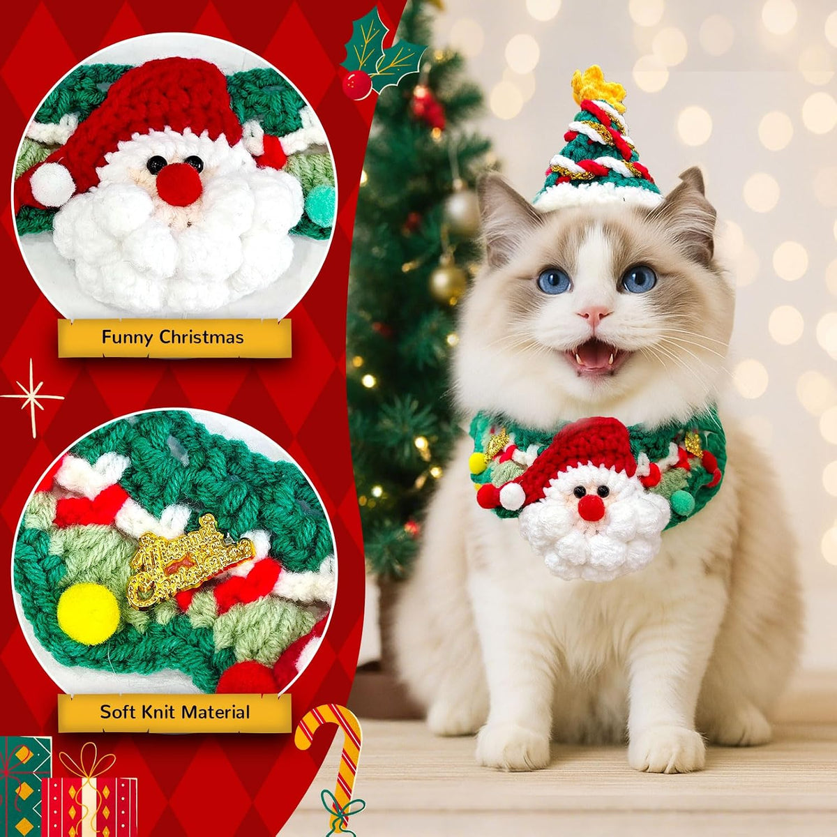 Pet Dog Christmas Costume for Small Dogs Cats, Funny Knitted Santa Dog Hat and Neck Accessory Set, Soft Cute Kitten Puppy Chihuahua Yorkie Costumes for Christmas Cat Outfits