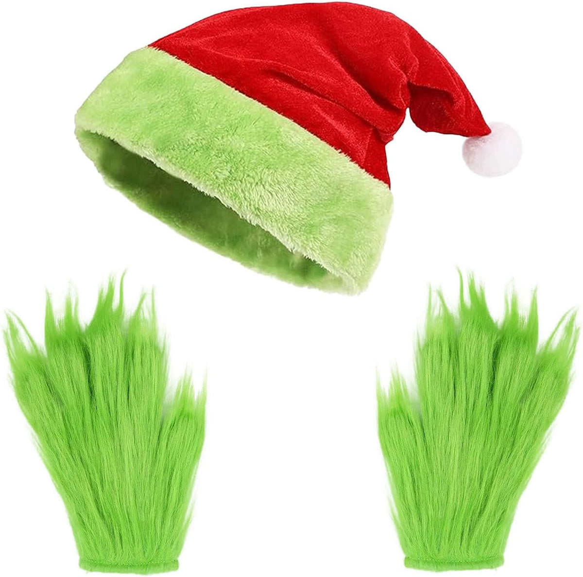 Beard Santa Hat with Furry Gloves for Adult, Christmas Costume Accessories Set for Men Women, Santa Costume Cosplay