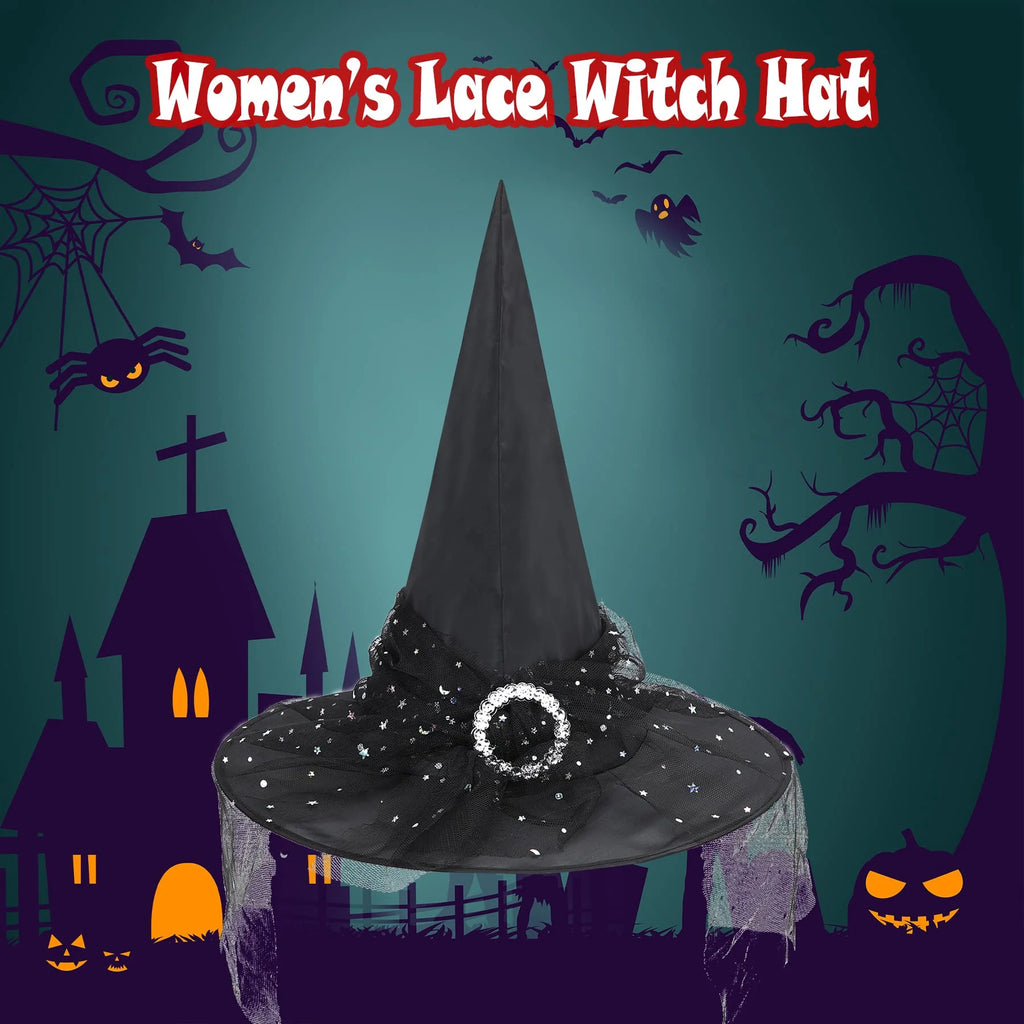Adults Gothic Witch Hat with Veil and Lace, Foldable Wide Brim Pointed Wizard Hat