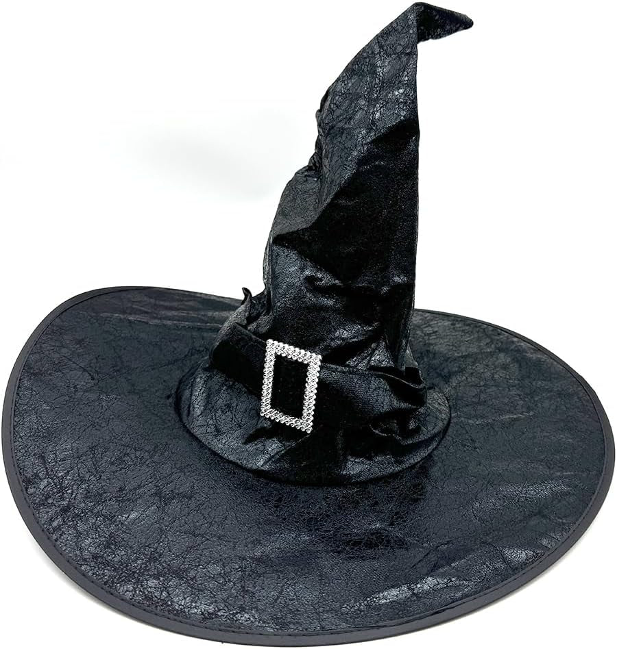 JXITON Halloween Witch Hat Black Costume Witches Hats with Buckle Faux Leather Witch Hat for Women Men Witch Wizard Costume Cosplay Party Supply